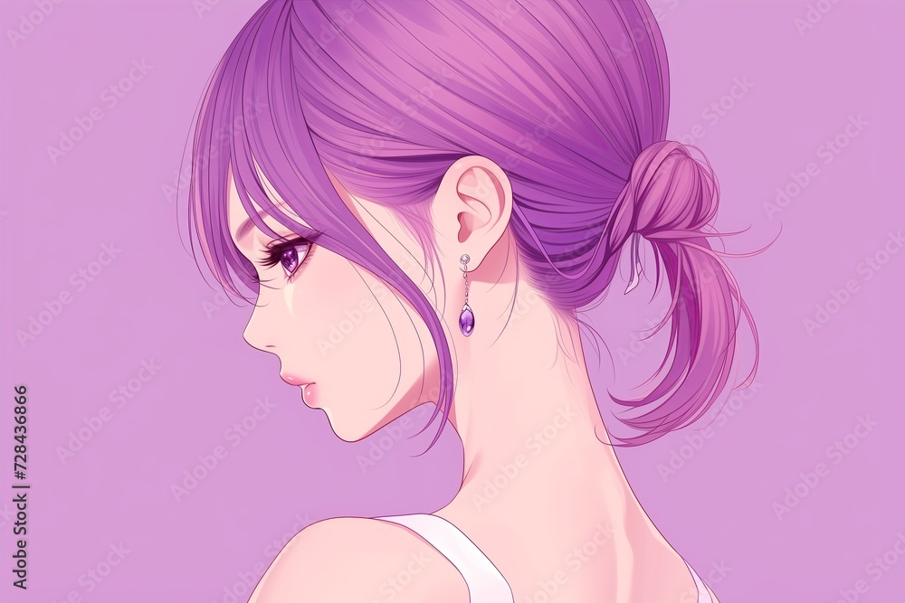 Beautiful Anime Girl In Profile On Lilac Color Background