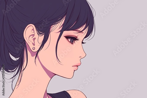 Beautiful Anime Girl In Profile On Grey Background