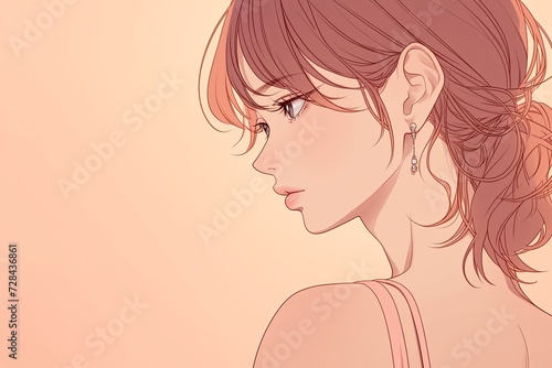 Beautiful Anime Girl In Profile On Light Peach Color Background
