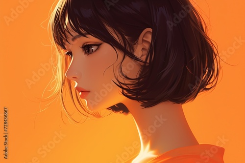 Beautiful Anime Girl In Profile On Orange Background