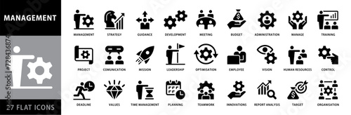 Business Management Flat Style Solid black and White icons set. Management, teamwork, planning, control, strategy, business, training, vision, mission, marketing and organisation. Vector illustration