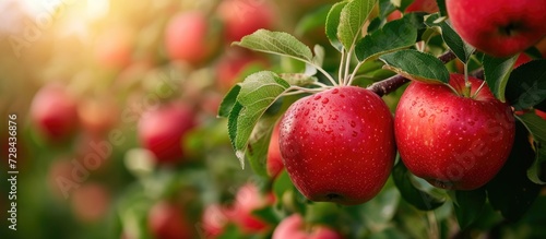 Ripe red apple fruits in an orchard, ready for harvest.