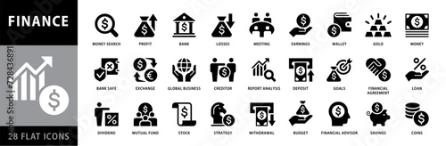 Business and finance Vector icon set with money, bank, profit, credit, savings, graph, deposit, wallet, losses, coins, budget, currency, business and more isolated Black silhouette symbol