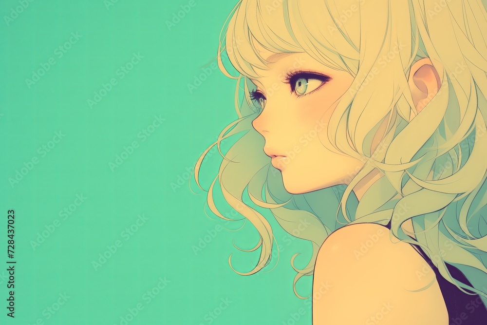 Beautiful Anime Girl In Profile On Soft Aqua Color Background Beautiful Anime Girl In Profile On Soft Aqua Color Background
