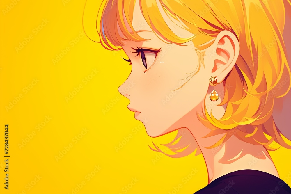 Beautiful Anime Girl In Profile On Yellow Background Beautiful Anime Girl In Profile On Yellow Background