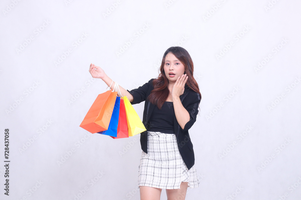 beautiful female customer asian 20s formal elegant office surprised to get bonus tote shopping goods paper bag colorful forearm isolated white background beautiful female customer asian 20s formal elegant office surprised to get bonus tote shopping goods paper bag colorful forearm isolated white background