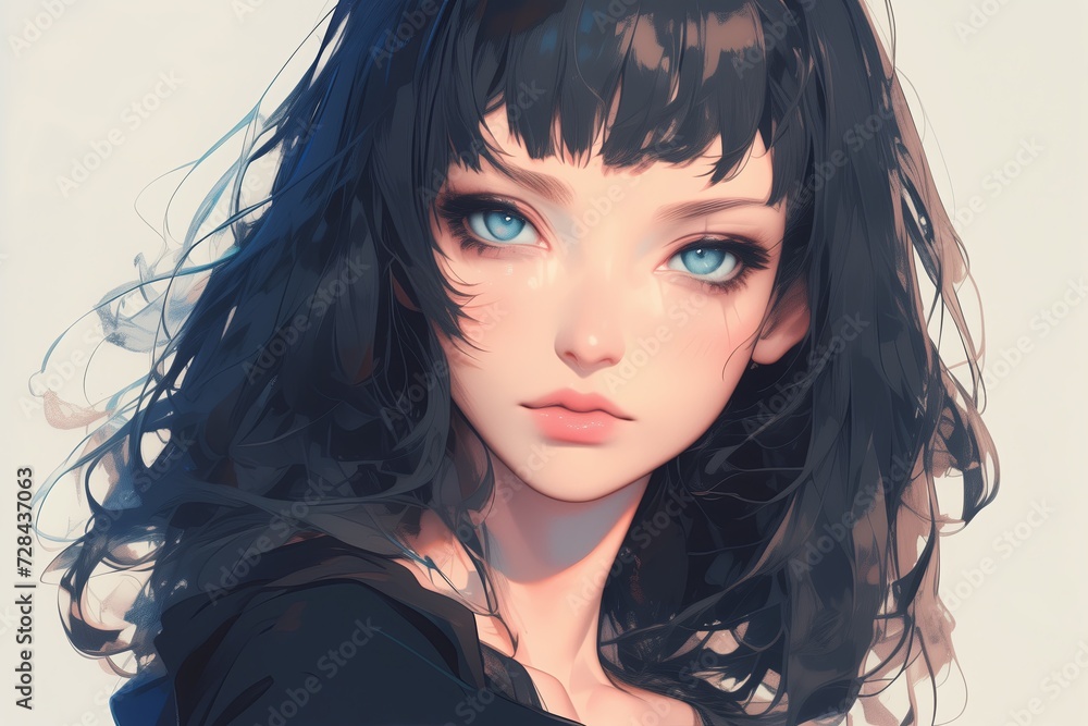 Fototapeta premium Beautiful Anime Girl With Black Hair On White Background