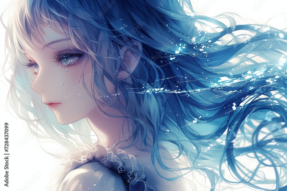 Beautiful Anime Girl With Blue Hair On White Background Beautiful Anime Girl With Blue Hair On White Background