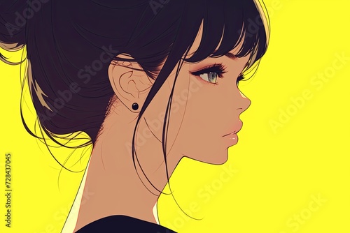 Beautiful Anime Girl In Profile On Yellow Background