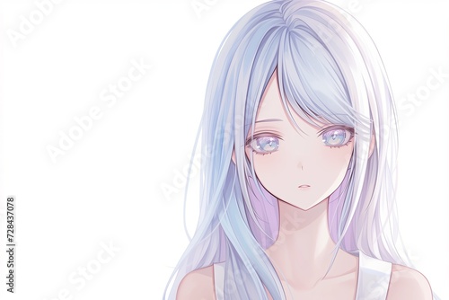 Beautiful Anime Girl With Blue Hair On White Background