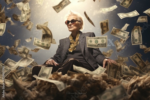 An elderly woman is depicted with a stack of money, symbolizing financial stability, wisdom, and life's savings.