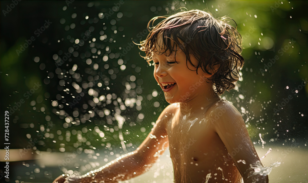 Happy kids are playing in the water, splashing and having fun Happy kids are playing in the water, splashing and having fun