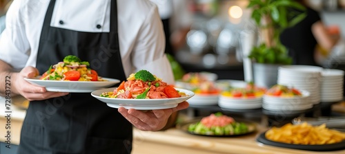 Waiter serving meat dish at festive event or wedding reception with copy space for text placement