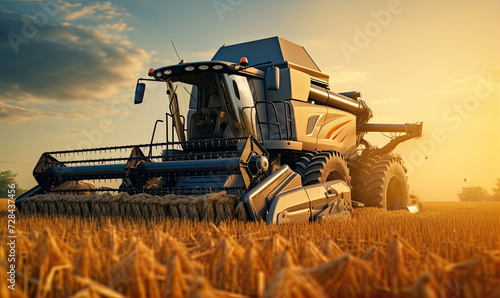 Combine harvester harvesting the wheat on the amazing wheat field photo