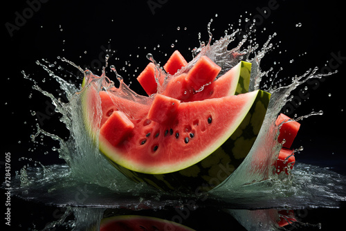watermelon slices with knife and water drops and splashes on black background