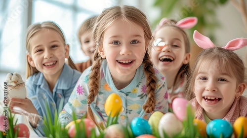 Children celebrating Easter holiday smiling and happy, excited