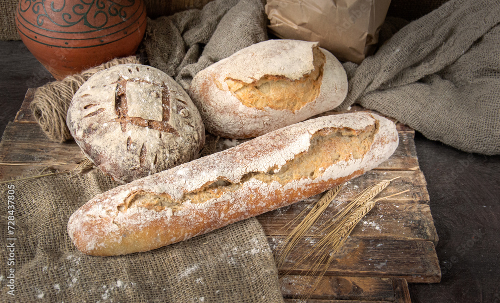 Country wheat and rye bread in flour