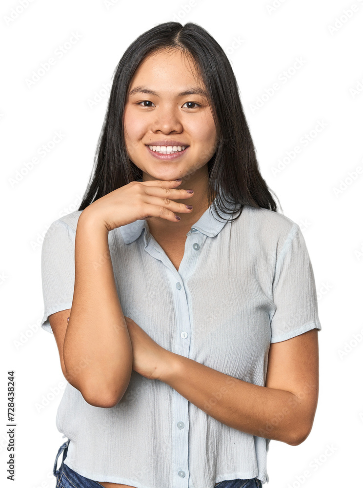 Young chinese woman isolated smiling happy and confident, touching chin with hand. Young chinese woman isolated smiling happy and confident, touching chin with hand.