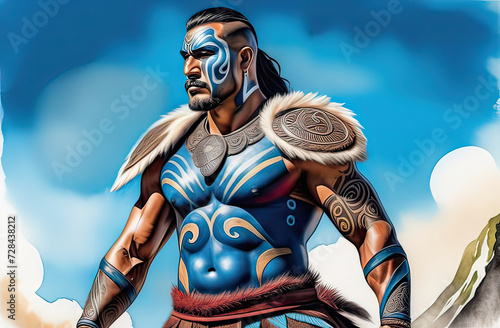 abstract portrait of an aboriginal warrior with traditional tatoos and painting, strong and fit, natural background. High quality illustration