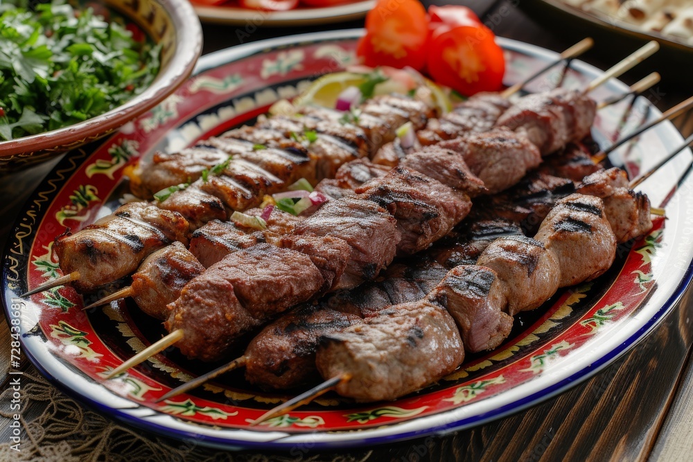 plate of grilled meat skewers placed on an ornately designed plate