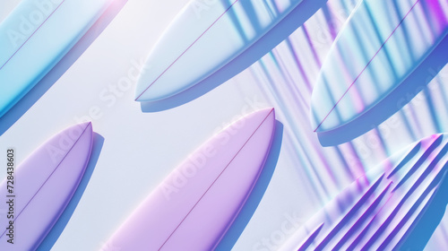 Flat lay pattern of surfboards, pastel violet and blue colours. White backdrop,copy space. Summer concept. Generative AI © AngrySun