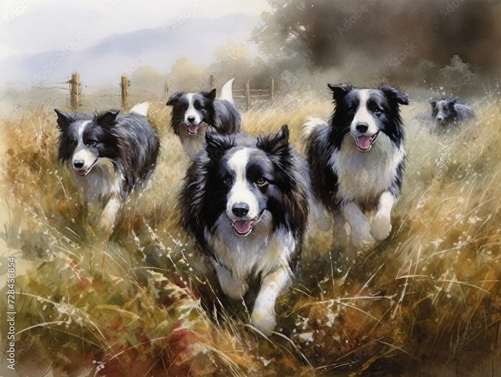 Digital painting of a group of Border Collies in a field Digital painting of a group of Border Collies in a field