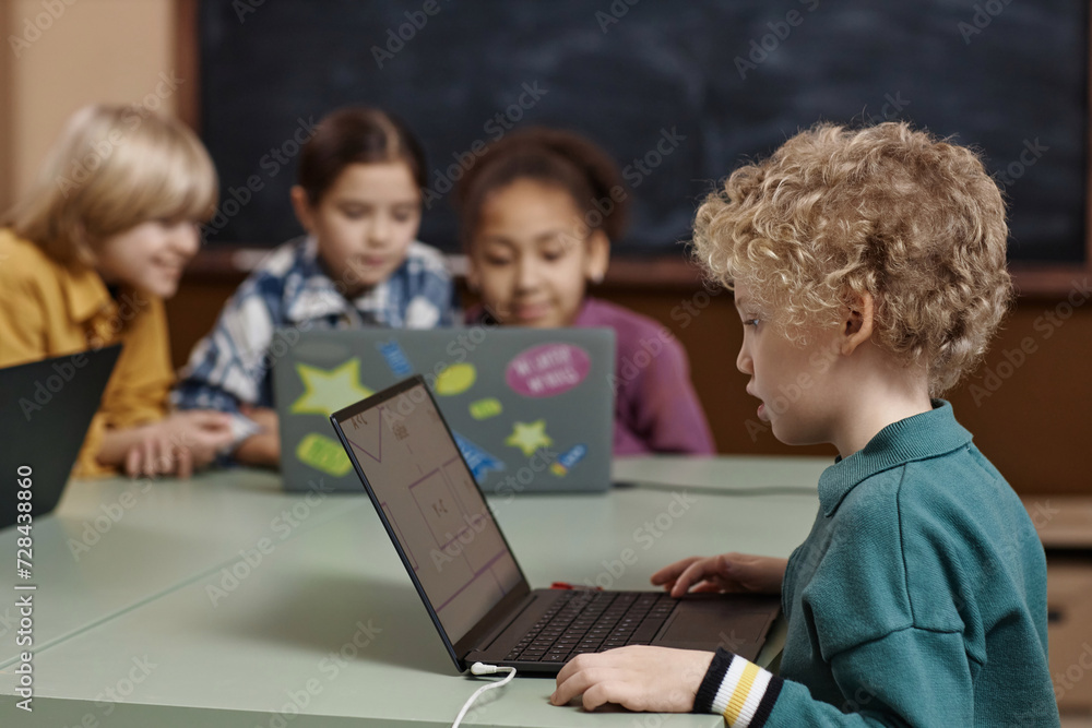 Side view portrait of young curly haired boy using laptop in school during IT class for little kids copy space Side view portrait of young curly haired boy using laptop in school during IT class for little kids copy space