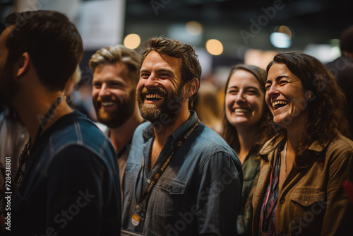 Close up picture of a happy and laughing staff or participant people group listening to a startup business owner at a trade show exhibition event. Generative AI.