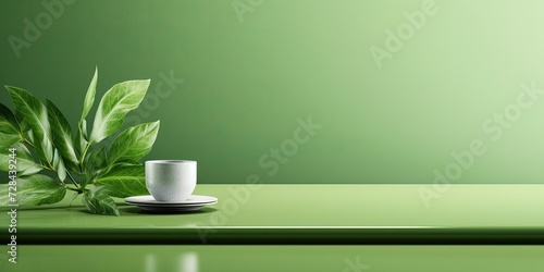 Green kitchen background with plant on desk, abstract leaf pattern, scene, summer table template.