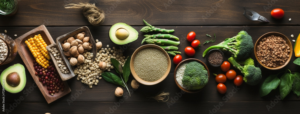 Wide view from above banner image of Vegetarian Day food banner with different types of vegetables and fruit items in a manner on light color wooden table background mockup Wide view from above banner image of Vegetarian Day food banner with different types of vegetables and fruit items in a manner on light color wooden table background mockup