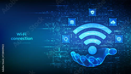 Wi-Fi network icon. Wi Fi sign made with binary code in hand. Wlan access, wireless hotspot signal. Mobile connection zone. Data transfer icons connections. Mobile transmission. Vector illustration.