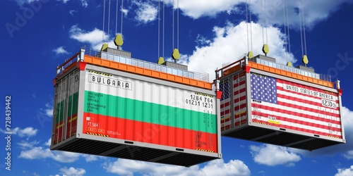 Shipping containers with flags of Bulgaria and USA - 3D illustration