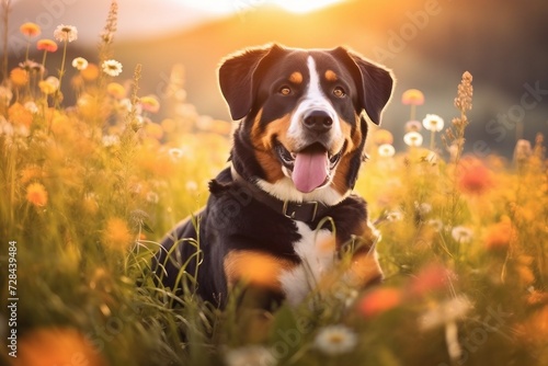 Greater swiss mountain dog sitting in meadow field surrounded by vibrant wildflowers and grass on sunny day ai generated photo
