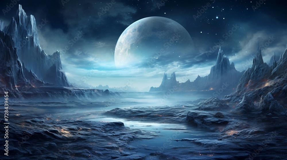 Alien planet landscape with a moon and stars