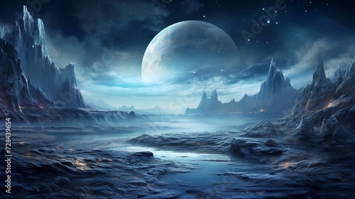 Alien planet landscape with a moon and stars