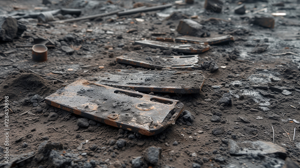 Photograph of ground littered with metal fragments and war debris ...