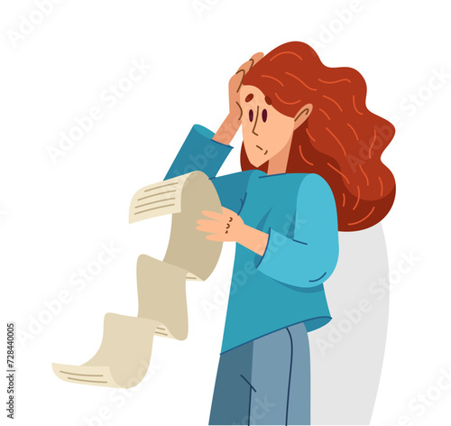 Young woman in trouble have a very long list to do, vector illustration of a stressed girl with long checklist, may be used as a long bill or check.