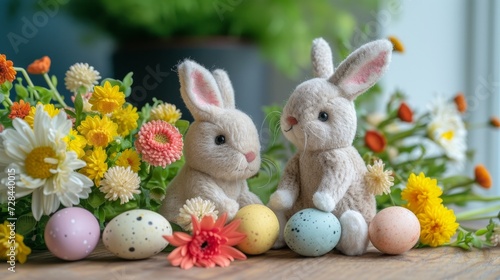 Easter holiday, flowers in front, two doll bunnies sitting and looking to flowers and behind them on the floor are colorful easter eggs 