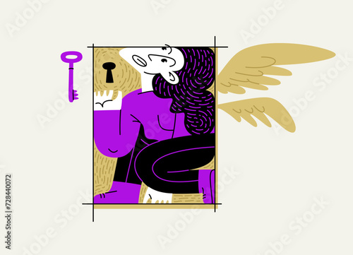Woman is locked in a rectangular frame, social and cultural restrictions concept, vector illustration of a girl in uncomfortable pose is locked in her mind barriers with imaginary wings.