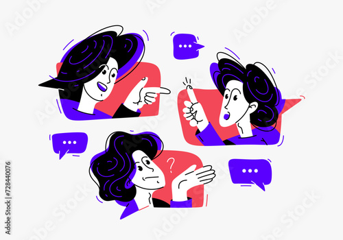 Team of young people having a discussion or brainstorm online, vector illustration of internet seminar webinar with a coach, or leader with team of employees having work communication.