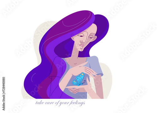 Dealing with a feeling, young woman holding a bird as a metaphor of a feeling and takes care of it, emotions concept, let it go.