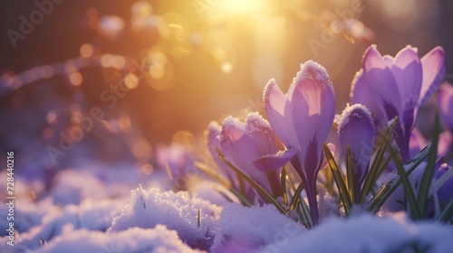In spring, snowdrops and spring flowers peek out from under the snow. The bright sun illuminates the snow.