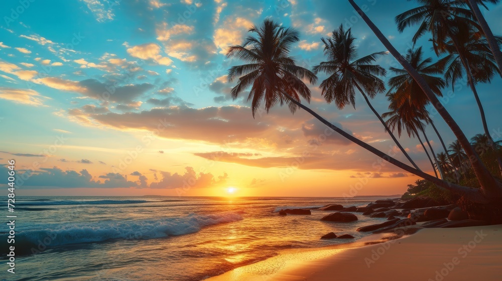 Amazing sunset on the beach with palm trees