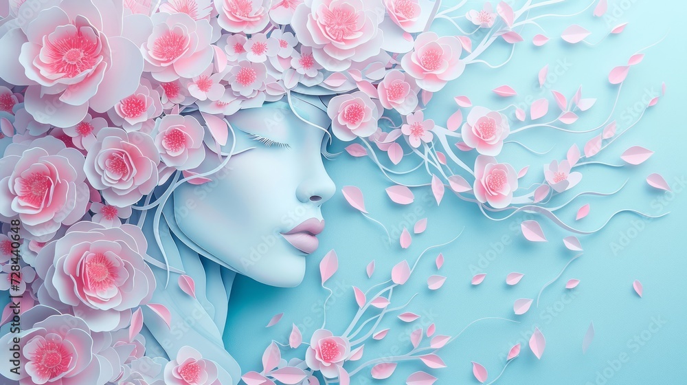 Illustration of a woman's face and flowers in paper style, on a blue background with space for International Women's Day and the 8th March holiday.