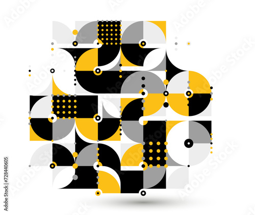 Abstract geometric vector modular background  retro 70s modernism style pattern  modular tiles with dots  spotty pattern with circles squares and triangles.
