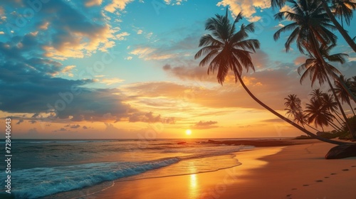 Amazing sunset on the beach with palm trees © Elvin