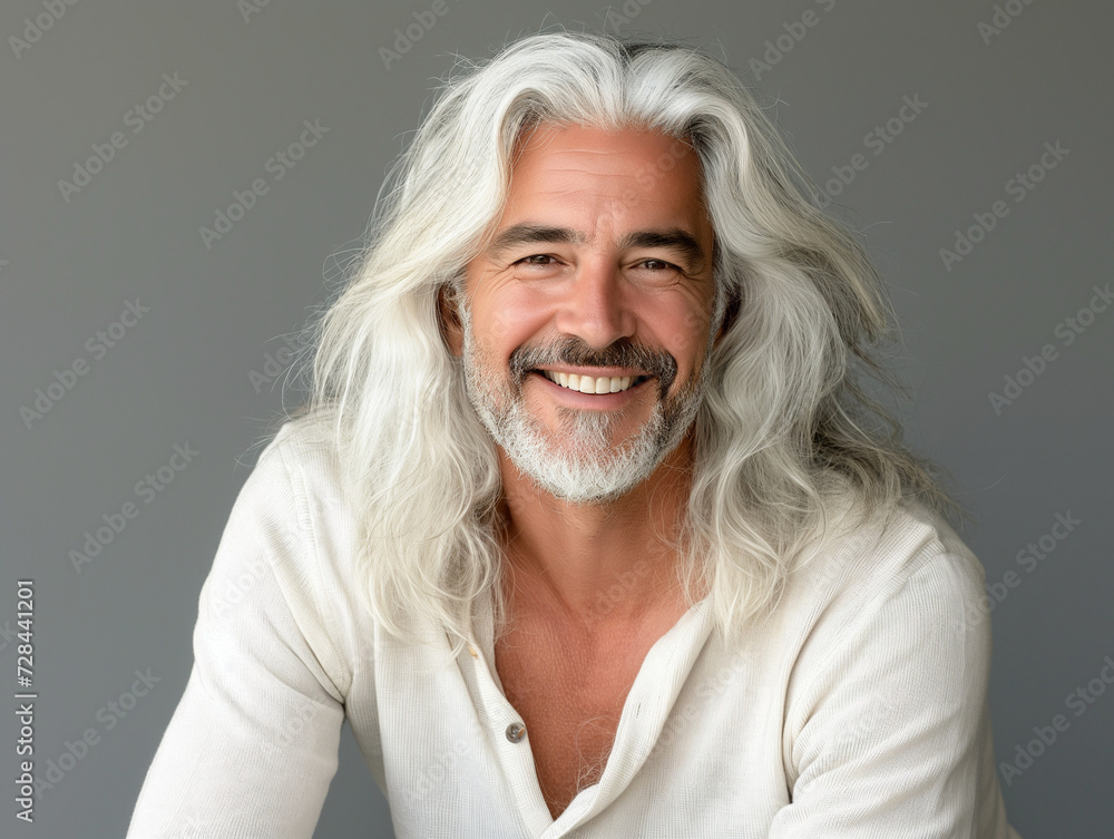 Attraktiver älterer Mann mit langen weißen Haaren lächelnd vor grauem Hintergrund Attraktiver älterer Mann mit langen weißen Haaren lächelnd vor grauem Hintergrund
