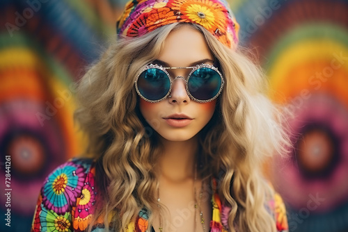 young caucasian hippie woman with colorful painted makeup, eclectic, earthcore style, blurred rainbow patterns