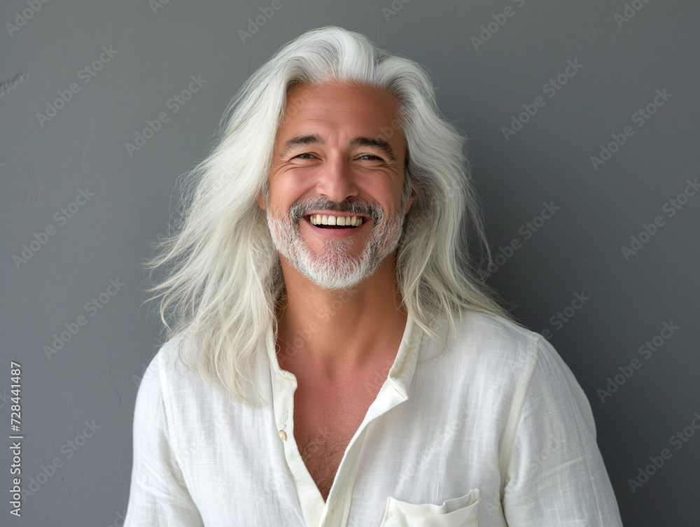 Attraktiver älterer Mann mit langen weißen Haaren lächelnd vor grauem Hintergrund Stock Photo