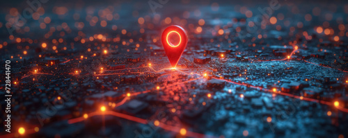 Red map pin on cityscape network connection, GPS navigation technology